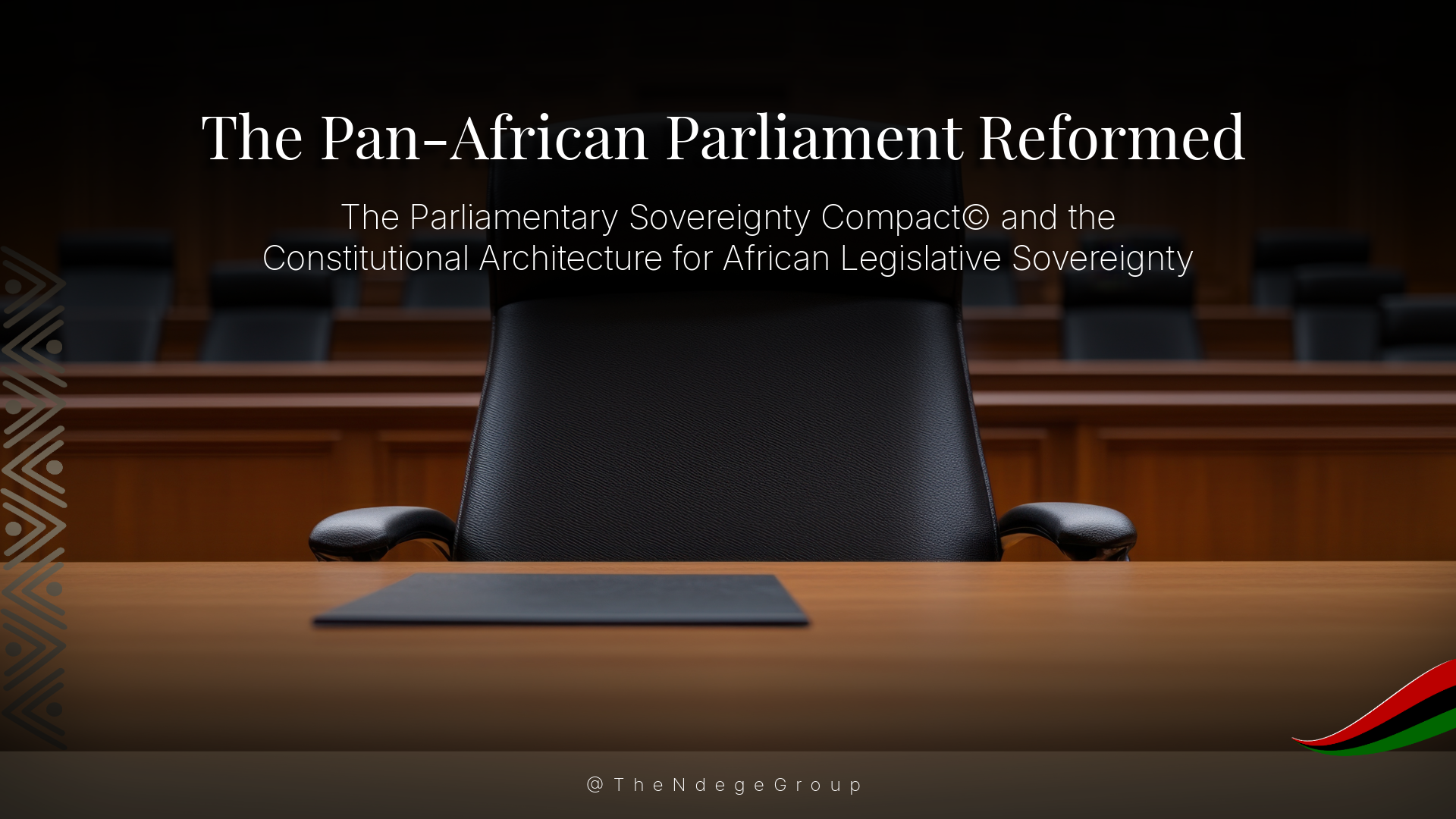 The Pan-African Parliament chamber in Midrand, South Africa, seen from the dais, with the continental seal above an empty floor that has never once passed a binding law.
